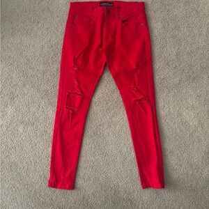 Copper Rivet Red Distressed Skinny Jeans